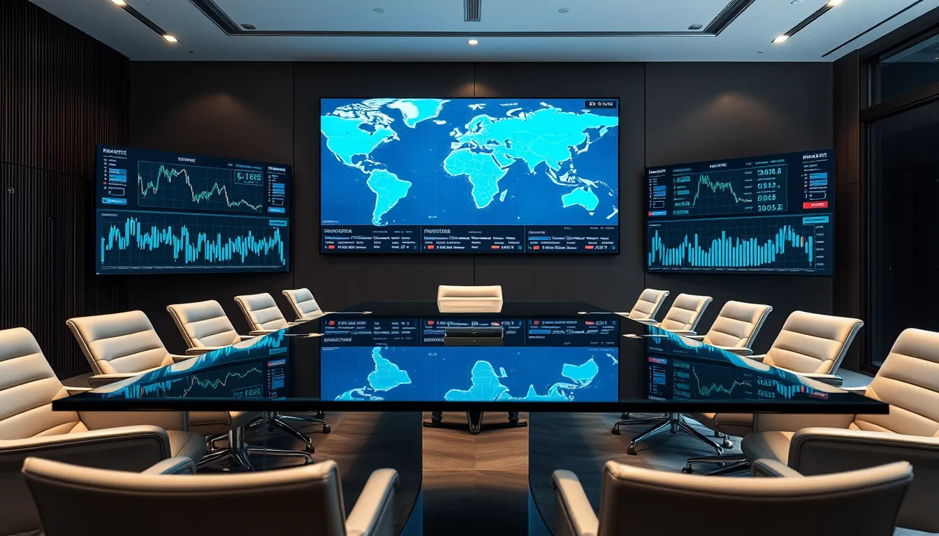 Modern boardroom with global financial markets display screens